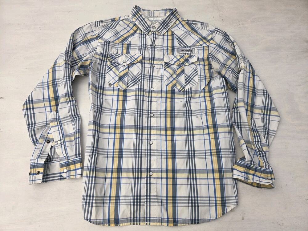 Columbia PFG Pearl Snap Plaid Shirt Med Omni-Shade Vented Fishing Performance